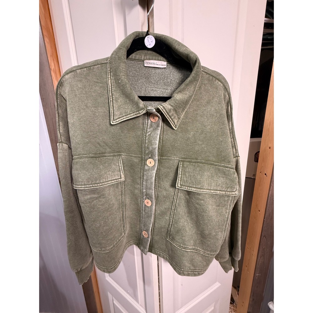 Zenana Women Olive Green Mineral Wash Fleece Shacket Button Front Shirt Jacket L